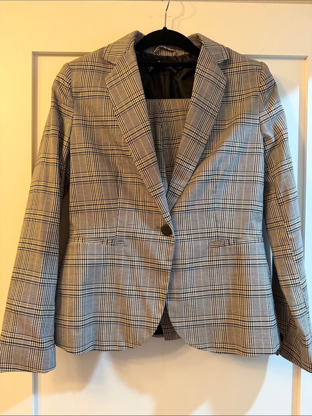 Zara Plaid Blazer Jacket & Pants Set - Black, White & Tan Glen Check